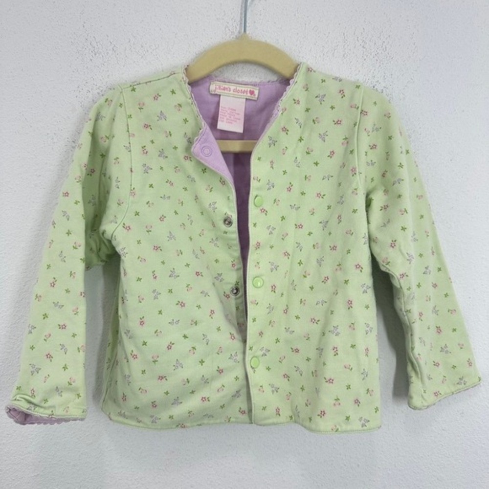 Vintage Girls Pastel Green Floral Print Cotton Snap Button Shirt Jacket Shacket